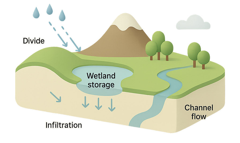 Watershed schematic showing divide, runoff, infiltration, storage, and channel flow